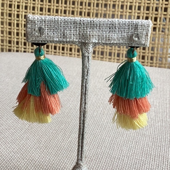 Popular tassel type pierced earrings in aqua,  salmon and yellow. - Picture 2 of 2